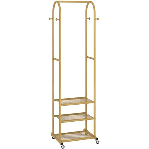 Kaitiemoo Heavy Duty Clothing Rack with Wheels,Modern Garment Rack with 3 Metal Shelves, 71.8Inches Display Rack for Hanging Clothes, Hanging Rod for Small Space,Gold - color: Gold
