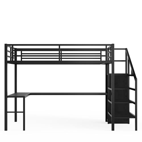 Bellemave Full XL Size Metal Loft Bed with L Shaped Desk and Wardrobe, Heavy Duty Loft Bed Frame with Storage Stairs, LED Loft Bed Frame with Charging Station & Safety Guardrails, Black - color: Black, size: Full XL