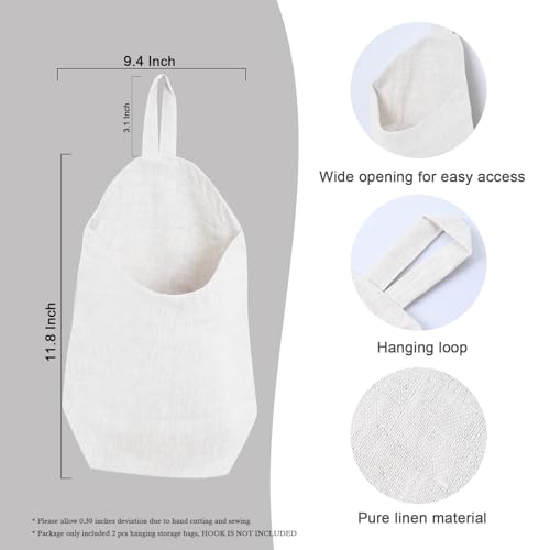 100% Linen Hanging Storage Bags Baskets 2 Pcs, Small Wall Storage Bag for Kitchen, Bedroom, RV Camper Organizer, Sewing Room, Nursery Storage, Kids Room (White) - color: White