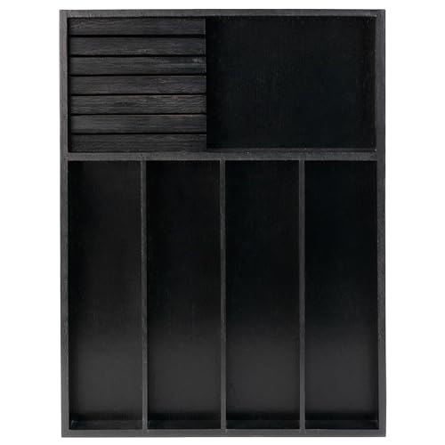 VaeFae Bamboo Silverware Organizer, Utensil Holder for Drawer, Wooden Cutlery Tray with Divider for Kitchen Drawer, Utensil Organizer with Knife Block（Black） - color: Black, size: Small - Non-expandable with Block