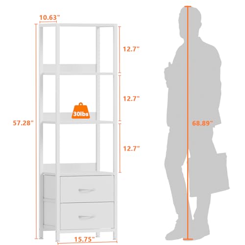 Furnulem 4-Tier Corner Shelf, Bookshelf with 2 Storage Drawers, 57.28”Tall Narrow Bookcase, Standing Shelf Organizer Unit for Living Room, Bedroom, Metal Frame, Wood Display Shelf - color: White, size: 4 Tier