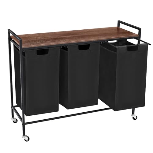 Laundry Sorter 3 Section, Rolling Laundry Hamper with Shelf, 3 Compartment Laundry Basket with Lid, Organizer Rustic Wooden Top (Black) - color: Black
