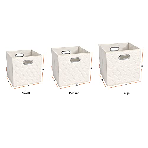 FH Group JIAessentials 13" Faux Leather Foldable Storage Cube Bins Set of 2 – Beige Diamond Patterned Organizers with Handles for Closet & Shelves - color: Beige, size: Large