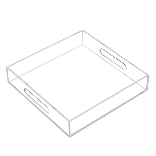 KEVLANG Clear Sturdy Acrylic Serving Tray with Handles - 10x10Inch - Coffee, Appetizer, Breakfast, Butler Tray - Kitchen Countertop & Vanity Table Organizer - color: Clear, size: 10" x 10" x 2"