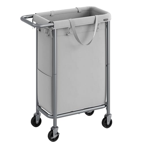 SONGMICS Laundry Basket with Wheels, Rolling Laundry Hamper, 23.8 Gallons (90 L), Removable Liner, Steel Frame with Handle, 24 x 11.4 x 31.9 Inches, Dove Gray URLS003G01 - color: Dove Gray, size: 90 L (1-Section), style: Rectangular with handle