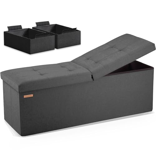 HAUSFRAU Storage Ottoman Bench with Flipping Lid, 43.3 Inches Storage Chest Footsrest, Folding Foot Stool for Entryway, Living Room, Bedroom, Linen Grey - color: Grey, size: 15"D x 43.5"W x 15"H
