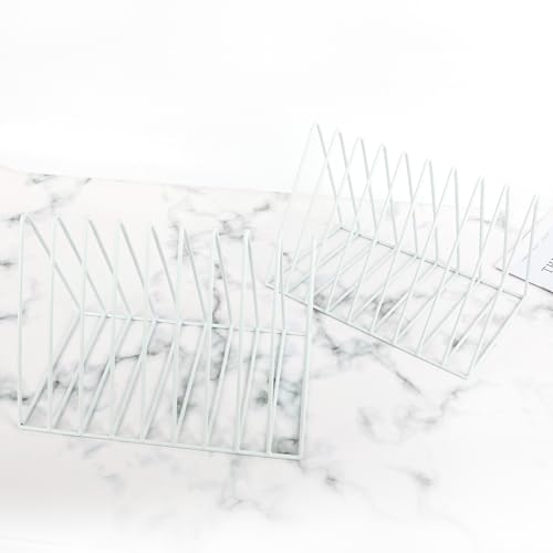 EASEPRES Vinyl Record Holder Storage, 9 Slot Metal Magazine Book Album Display Rack, Stylish Triangle Desktop File Sorter Organizer for Home Office, White Pack of 2 - color: 2 Pack White