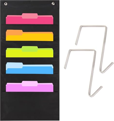 Hippo Creation Heavy Duty Storage Pocket Chart for Classroom, 5 Pocket Storage Organizer with 2 Over-Door Hangers, Hanging Wall Organizer for File Folders, School Mailbox, Home Office Papers - Black - color: Black - (5 Pockets)