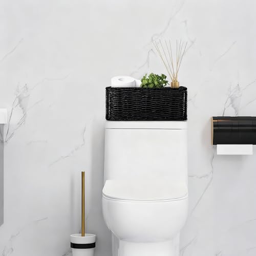 Small Wicker Baskets, Wicker Woven Storage Basket Toilet Paper Baskets with Handles, Towel Basket for Bathroom Organizing Shelves (Black) - color: Black
