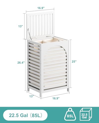 White Laundry Hamper, 22.5 Gallon (85L) Bamboo Wood Clothes Laundry Basket with Lid and Handles, Removable Liner - color: White, size: Large