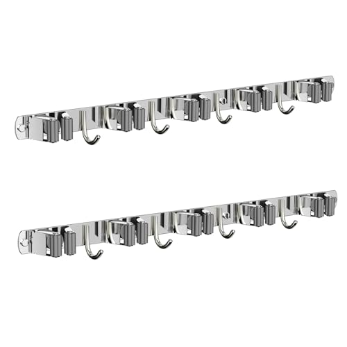 CUXIXA 2 Pack Mop and Broom Holder Wall Mount, Non-slip Broom Hanger Wall Mount, Heavy Duty Mop Broom Organizer for Kitchen Garden Garage Laundry Room Wall Decor Organization and Storage Silver 5R4H - color: Silver, size: 2Pack 5R4H