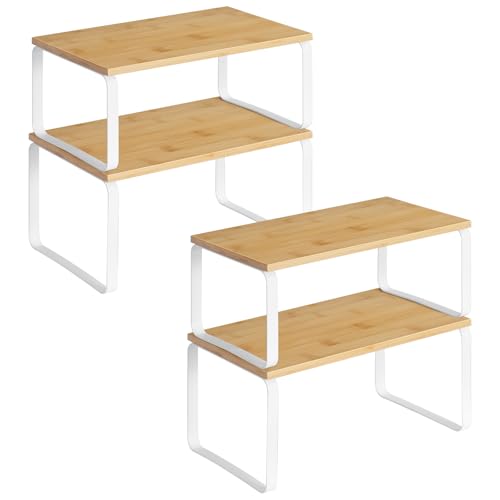 HOOBRO Cabinet Organizer Shelf, Set of 4 Kitchen Counter Shelves, Expandable Kitchen Storage, Stackable Bamboo Spice Rack, for Kitchen, Countertop, Office Desk, Bathroom, Natural and White YW30TLP201 - color: Natural, White