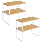 HOOBRO Cabinet Organizer Shelf, Set of 4 Kitchen Counter Shelves, Expandable Kitchen Storage, Stackable Bamboo Spice Rack, for Kitchen, Countertop, Office Desk, Bathroom, Natural and White YW30TLP201 - color: Natural, White