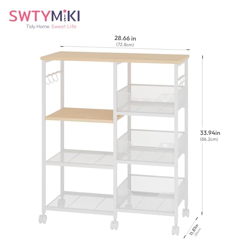 SWTYMIKI Kitchen Island Cart on Wheels - 4 Tier Rolling Kitchen Table Cart with Storage Shelves, 6 Removable Hooks& Locking Casters, Coffee Bar Cabinet for Dining Room Pantry Office, White - size: 28x11.81in, style: White