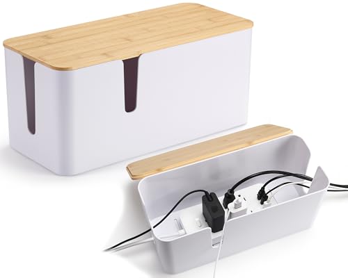 ZhiYo Bamboo Lid Cord Organizer Box, 2Pack Large Cable Management Box, Safe ABS Wire Organizer for TV and Computer, Wood Cover Cord Hider to Hide Wires, USB Hub & Under Desk Power Strip, White - color: White, size: XL + L