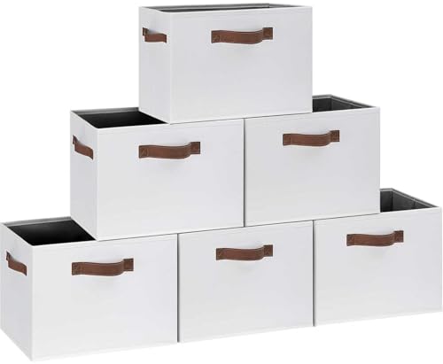 GhvyenntteS 6 Pack Large Fabric Storage Bins with Handles, 15x11x9.6 Inch Storage Baskets for Shelves, Foldable Closet Storage Bins for Shelves, Closet Organizers and Storage Boxes, White - color: White, size: Large-6 Pack