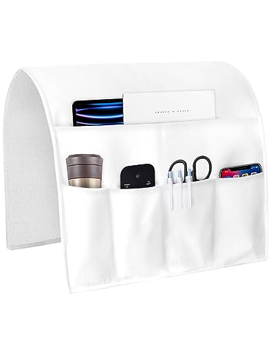 Sofa Armrest Organizer Bedside Caddy, White Non Slip Couch Remote Control Holder for Recliner, Pure White Arm Chair Caddy with Pocket for Magazine, Phone, 19.7''x35'' - size: 19.7x35 in