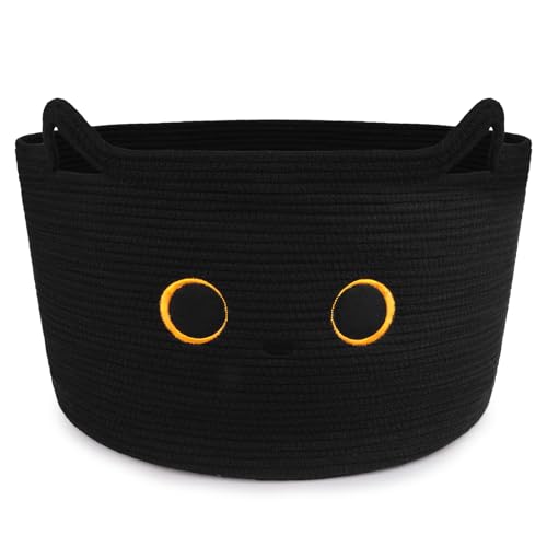 Large Black Cat Basket for Nursery, Cute Cat Woven Laundry Blanket Cotton Rope Extra Storage Basket with Handles, 0rganize Decorative Gifts for Towels Pillow Clothes Hamper Toy Bin,23"D×13"H - color: Black, size: 23 × 13 inches