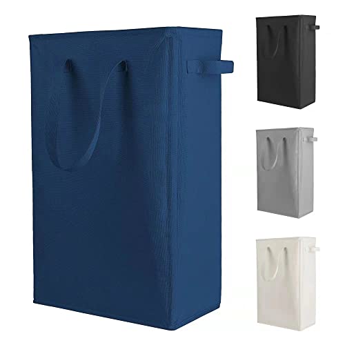 Odonata Slim Laundry Hamper Handles Collapsible Laundry Basket Thin Dirty Clothes Basket Narrow Laundry Bag Foldable Dirty Hamper 45L (Navy blue) - color: Navy blue