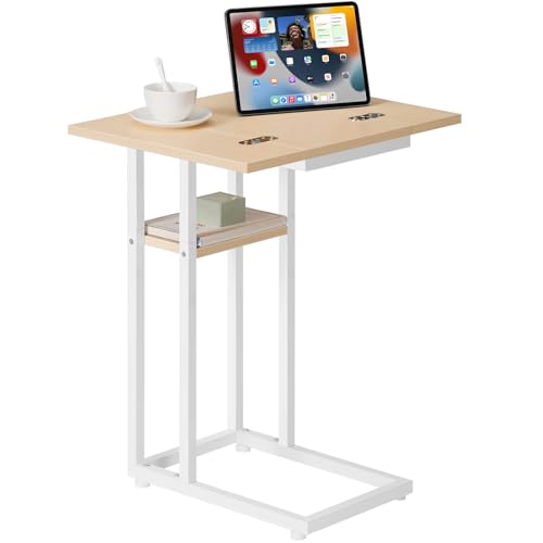 HOOBRO Foldable End Table, C Shaped Side Table with Storage Shelf, Small Snack Table Suitable for Living Room Bedroom Small Spaces, Easy Assembly, White and Natural WN29SF01 - color: White + Natural