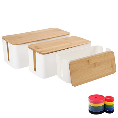 Cable Management Box Organizer, Set of 3 Bamboo Lid Storage Wires Holder to Cover Hide Surge Protector, Power Strips & Cords- with 5 Cables Fastening Tapes for Home, Office, Desk, PC, TV, USB Hub - size: 3 Pack (XL+L+M)