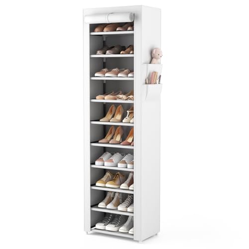 VTRIN Vertical Narrow Shoe Rack Organizer Tall Shoe Rack for Closet Entryway 10 Tier Non-Woven Cover Shoe Shelf Holds 20-22 Pairs Free Standing Shoe Storage Cabinet with Dustproof Cover, White - color: White, size: 17.7"W x11.8"D x 68.9"H
