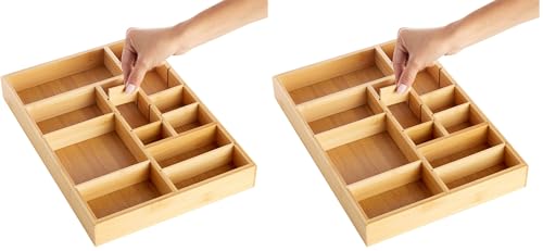 Juvale Drawer Organizer Tray - 8-Slot Drawer Divider for Utensils - Versatile Silverware Holder - Desk Tray for Office Supplies - 14 x 10 x 2 in, Brown, Bamboo (Pack of 2) - size: 14" x 10" x 2" inches (Pack of 2)