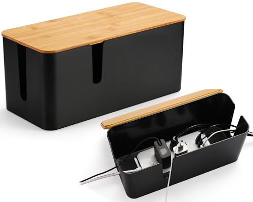 ZhiYo Bamboo Lid Cord Organizer Box, 2Pack Large Cable Management Box, Safe ABS Wire Organizer for TV and Computer, Wood Cover Cord Hider to Hide Wires, USB Hub & Under Desk Power Strip, Black - color: Black, size: XL + L