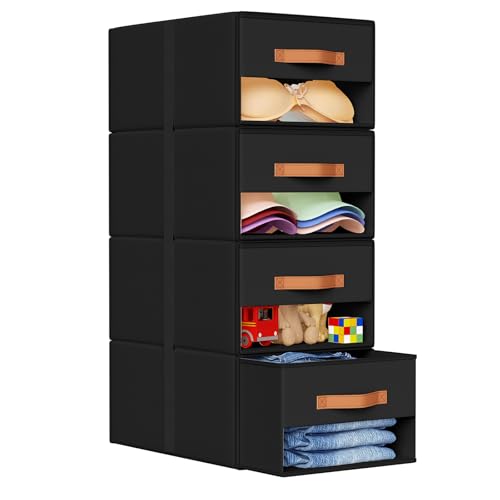 DIMJ Closet Organizers and Storage - Fabric Bins with Drawers for Closet Foldable Clothes Organizers with Clear Window, Stackable Storage Drawers Units for Bedroom, Living Room, Medium 4-Pack, Black - color: Black, size: Medium - 4 Pack