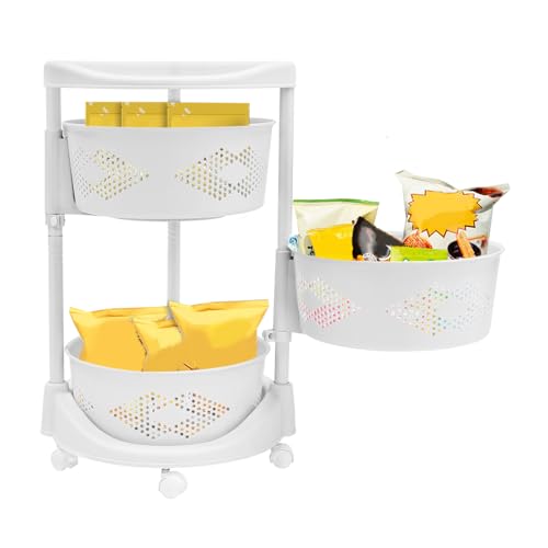 Fruit Basket for Kitchen, 5 Tier Circular Rotating Basket Large Storage Rack with Wheels, Standing Shelf Storage, Multi-Layer Storage Shelves with Top Lid for Living Room, Office, White (3-Tier) - size: 3-Tier