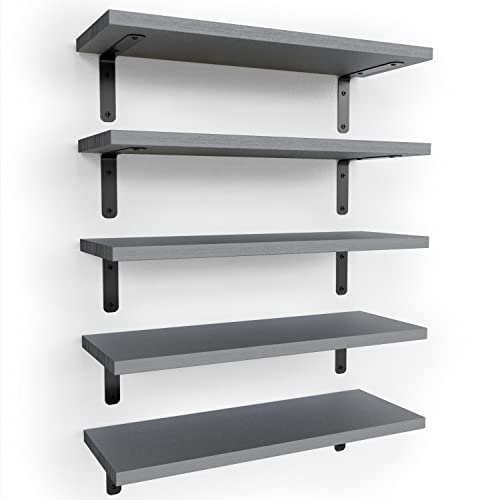 RICHER HOUSE Rustic Wood Bathroom Shelves Set of 5, Farmhouse Style Floating Shelf for Wall Décor, Hanging Shelves for Bedroom, Storage, Kitchen, Living Room - Gray - color: Grey, size: 5 Pcs:16.52in