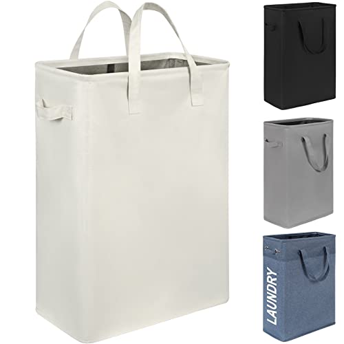Chrislley 45L Slim Laundry Hamper Narrow Laundry Basket with Handle Foldable Dirty Clothes Portable Skinny Hamper Organizer Storage Bins (22 inches, beige) - color: beige, size: 45l(14.96"l x 8"w x 21.65"h)