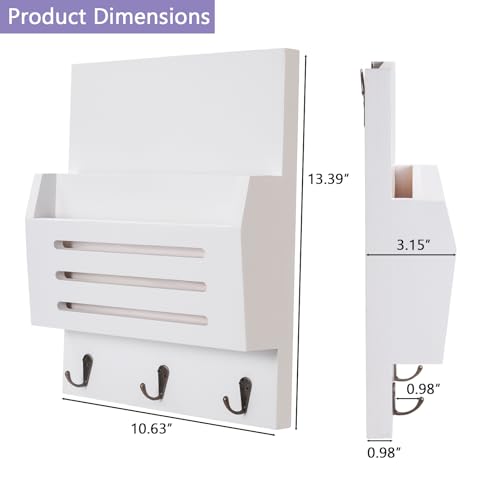Key and Mail Holder Wall Mount, 2-Slot Wooden Mail Organizer with 3 Key Hooks, Decorative Mail Sorter Wall Mounted, Rustic Key Rack Hanger for Entryway, Farmhouse, Home Decor, White - color: White