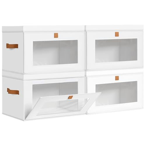 DIMJ Storage Bins with Lids - 4 Pack Large Fabric Closet Organizer with Window & Handles, Collapsible Decorative Storage Boxes for Shelves Under Bed, Books Clothes Blankets Sweaters Organization - color: White, size: Large-4 Pack