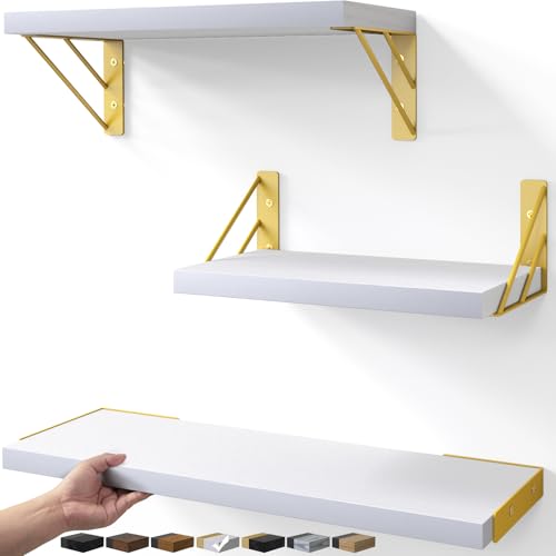 BAYKA Wall Shelves for Bedroom Decor, Floating Wall Shelves for Living Room Kitchen Storage, Wall Mounted Rustic Wood Shelves for Kids Books,Corner Shelves for Bathroom(White and Gold，Set of 3) - color: B. White Board & Gold Brackets, size: 16-inch Mixed
