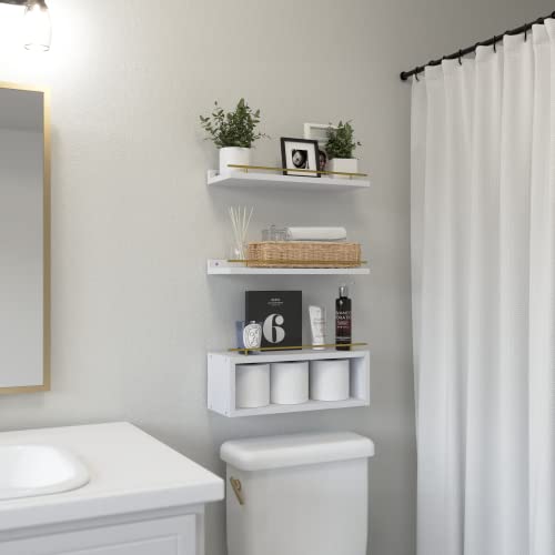 WOPITUES Floating Shelves for Wall with Cube Shelf, Wall Shelves with Metal Rail for Decor, Bathroom Organizers and Storage, Over Toilet Shelves for Bathroom, Toilet Paper-White&Gold - color: Gold & White, size: 15.7 inch