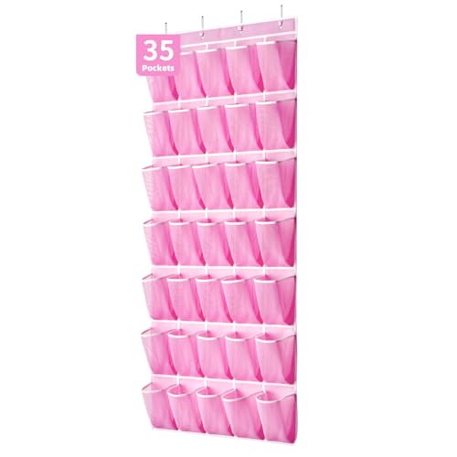 SAVERHO 35 Pockets Over the Door Shoe Organizer, Hanging Shoe Organizer for Door with 35 Mesh Pockets Large Capacity Shoe Hanging Storage Bag with 4 Metal Hooks (Pink-1Pack) - color: Pink-1pack of 35 pocket
