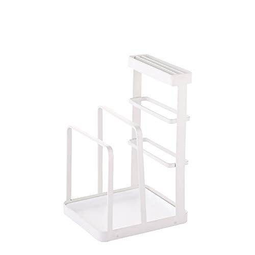VANRA Metal Steel Cutting Board Holder Knife Block Kitchen Organizer Pantry Bakeware Rack Pan Pot Cover Lid Rack Stand with Draining Tray (White) - color: White, size: 4.7"L X 5.5"W X 8.5"H - With Draining Tray