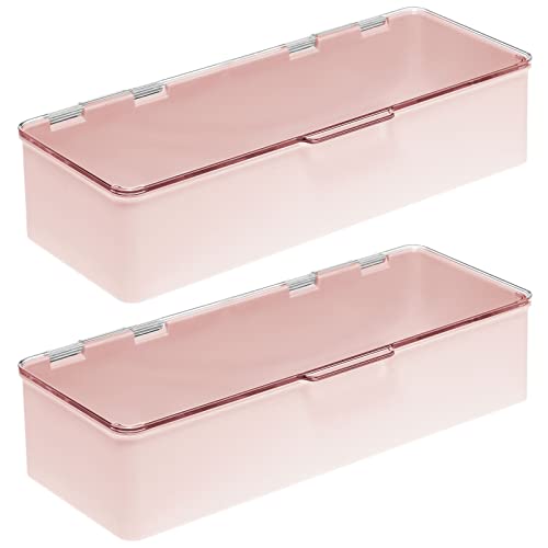 mDesign Long Plastic Cosmetic Storage Organizer Box Containers with Hinged Lid for Bedroom, Bathroom Vanity Shelf or Cabinet, Holds Masks, Palettes, Lotion, or Nail Polish, 2 Pack - Light Pink/Clear