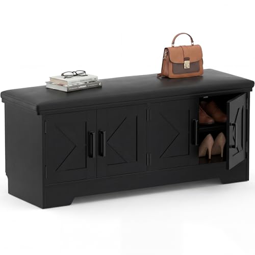 Farmhouse Shoe Storage Bench with Cushion - 43.3" Entryway Bench with Storage & 4 Barn Doors, 2-Tier Wooden Shoe Rack Bench, Hidden Shoe Cabinet & Mudroom Bench for Bedroom Hallway Living Room, Black - color: Black