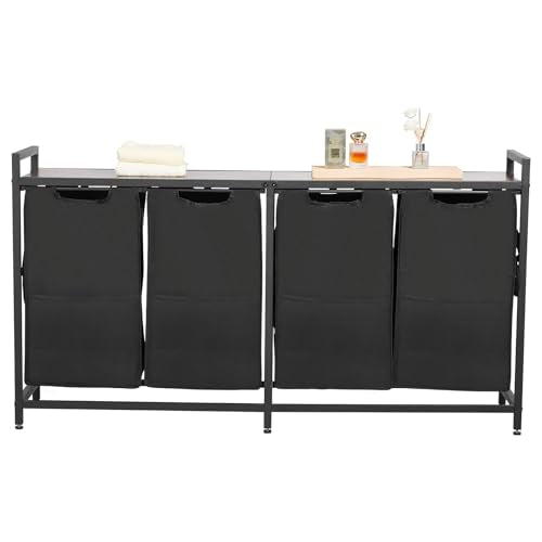 VEVOR 4 Section Laundry Sorter, Large Laundry Hamper with Metal Frame and Wooden Tabletop, Freestanding Storage Organizer Baskets with Pull-Out 600D Oxford Cloth Bags for Dirty Clothes, Bathroom - style: 4 Section