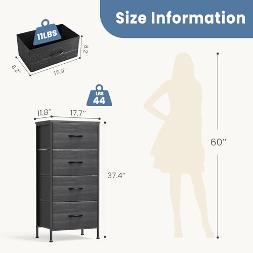 DUMOS Nightstand with 4 Drawers Bedside Table with Removable Fabric Bins Sturdy Steel Frame Wood Top Organizer Furniture for Bedroom Closet Living Room,Black Wood Grain - color: Black Wood Grain, size: 11.82"D x 17.71"W x 37.4"H (4 Drawers)