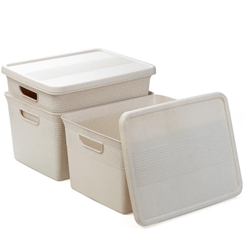 BINO | Plastic Storage Bins with Lids, 22 Liter - 3 Pack, Natural | THE BRAIDED COLLECTION | Plastic Bins for Organization Woven Storage Baskets for Organizing Pantry Shelf Organizer Basket Bin - color: Natural, size: 22L | 3-Pack