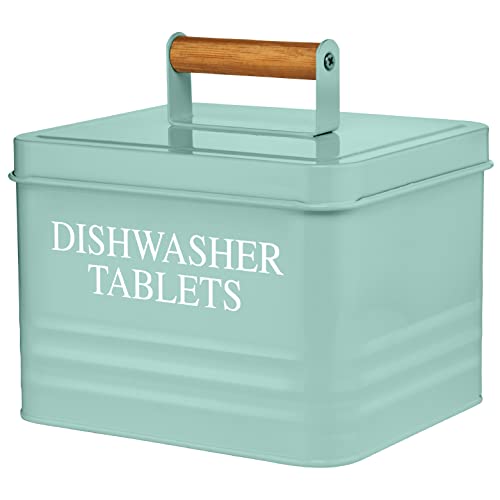 Calindiana Modern Farmhouse Metal Dishwasher Pods Container with Lid for Kitchen Organization and Storage, Kitchen Essentials Decor Accessories, Dishwasher Pods Holder, Mint - color: Mint