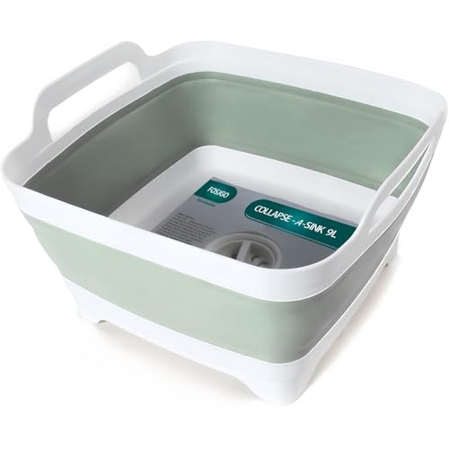 FOSJGO Collapsible Dish Basin with Drain Plug and Carry Handles - 9L Capacity, Portable Sink Tub for Camping and RV - color: Light Green