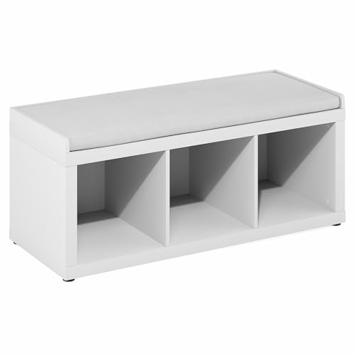 Furinno Cubicle Storage Bench, Shoe Bench with Padded Seat Cushion, 3-Cube Open Shelves Entryway Bench, for Closet, Entryway, Living Room, White