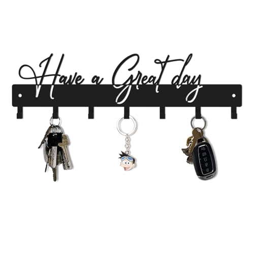 Have a Great Day Key Hooks for Wall Decoration,Delicate Fashion Black Metal Key Holder Wall Mount,Have a Great Day Key Hanger with 7 Kooks for Hallway,Office - color: Have a Great Day