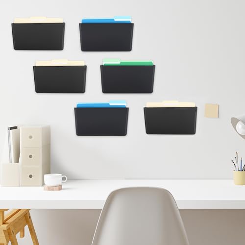 EASEPRES 6 Pack Black Plastic Single Pocket Hanging File Organizer, Wall Mount Paper Mails Magazines Holder, Mounted Folder Bins for Office School and Home, 12.99x4.13x7.48 inches - color: Black, size: 6 Pack