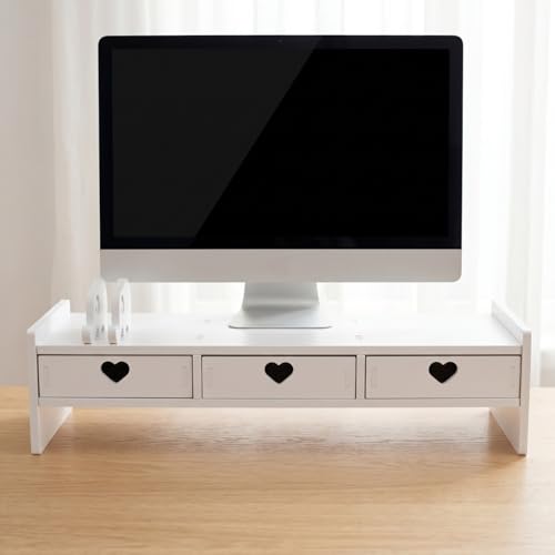 Computer Monitor Stand Riser with 3 Drawers - No Assembly White Desk Organizer & Laptop Shelf - Waterproof Desktop Storage for Home Office, School Dorm & Vanity - 3-Tier Space-Saving Design