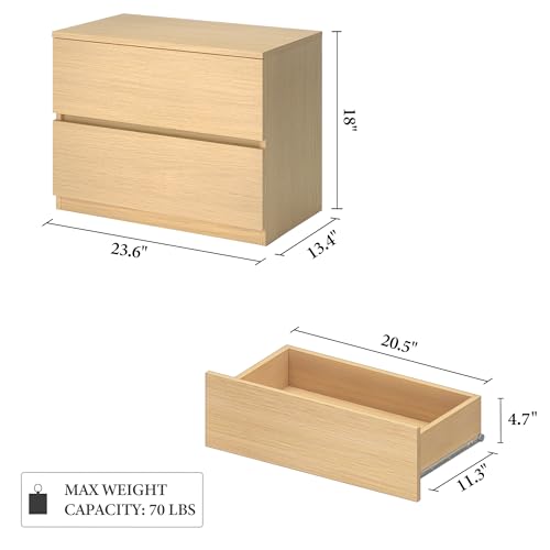 2 Drawer Dresser Chest, Small Oak Dressers for Closet, Bedroom Wood Short Nightstands, Bedside Table Storage Cabinet for Home Office, Livingroom, Hallway, Kitchen - color: Oak, size: 13.4"D x 23.6"W x 18"H (2 Drawers)